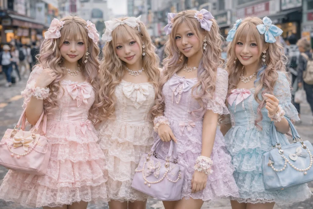 Neo hime gyaru girl à Harajuku portant une robe en dentelle pastel avec de longues boucles et des accessoires en perles