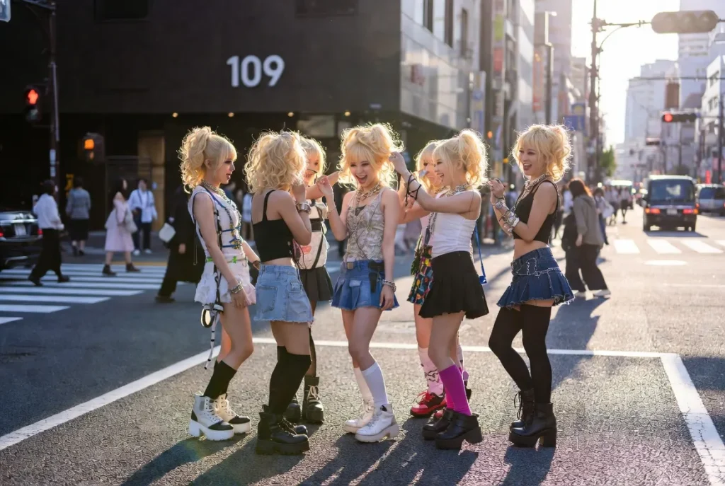 Groupe de filles gyaru des années 2000 à Shibuya avec de grandes boucles volumineuses se coiffant les unes les autres, moment candide à l'heure d'or.