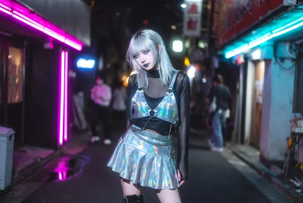 東京のネオンの下、銀髪にLEDハーネスのサイバーギャル2026 - リアルなナイトストリートファッション