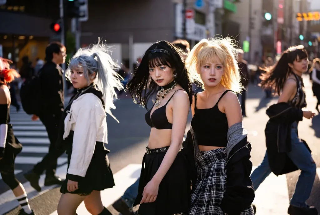 ゴールデンアワーの渋谷交差点を歩くモダンなネオギャル、艶やかなメイク、ボリュームのある髪、プラットフォームシューズ、リアルな2026年のストリートファッション写真。