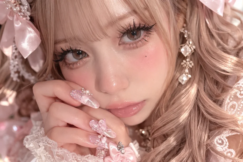 Hime gyaru au début des années 2000 à Shibuya portant une robe en dentelle, des nœuds, des boucles Sujimori et des accessoires en perles.