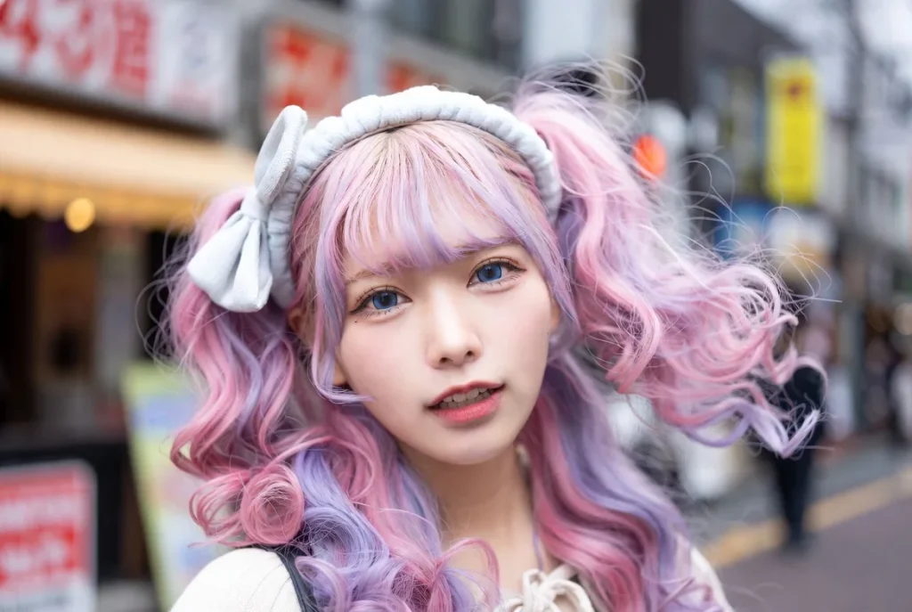 Fille moderne Reiwa Gyaru à Harajuku avec des boucles Sujimori plus douces et des mèches argentées pastel, à la lumière du jour.