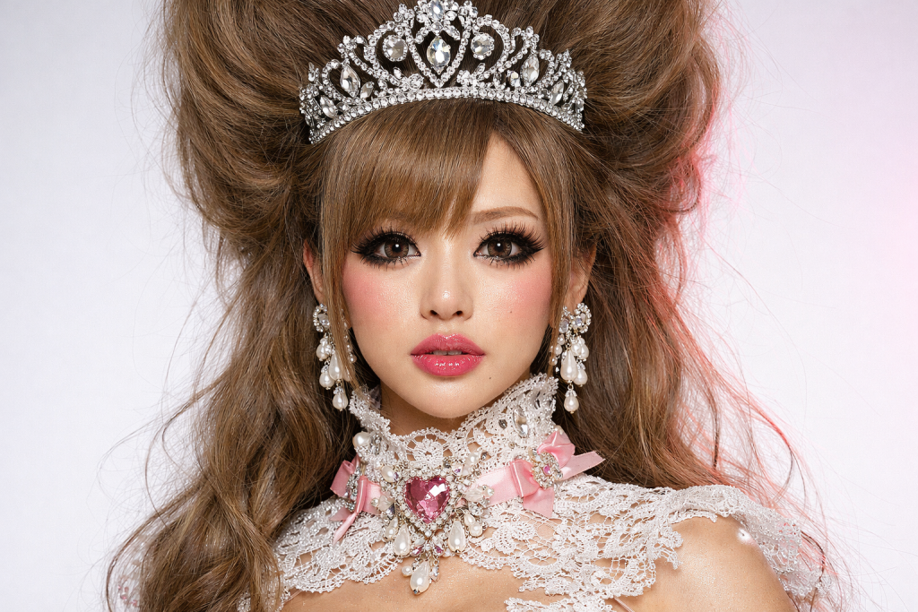 Reine Hime Gyaru dans un fauteuil en velours vintage avec une coiffure massive Suijiki et des roses roses