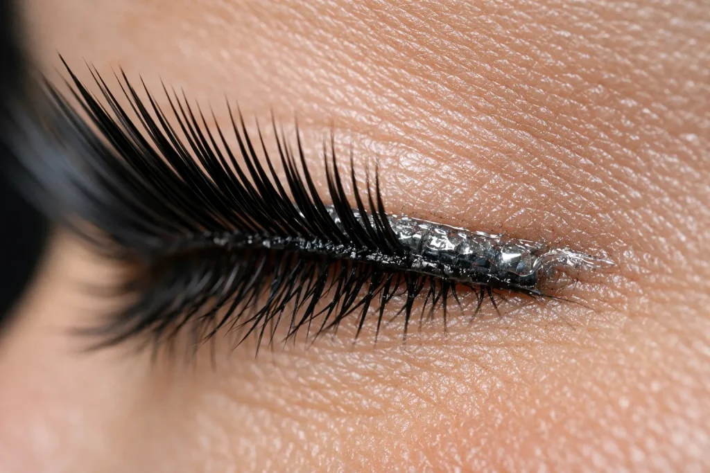 ベースビームと密度層の間の0.5mmの垂直方向のずれを示すつけまつげスタッキングのマクロ写真