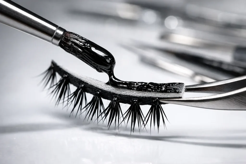 医療用の黒いまつ毛用接着剤を精密なブラシでコットンのまつ毛バンドに塗布しているところをマクロで撮影。