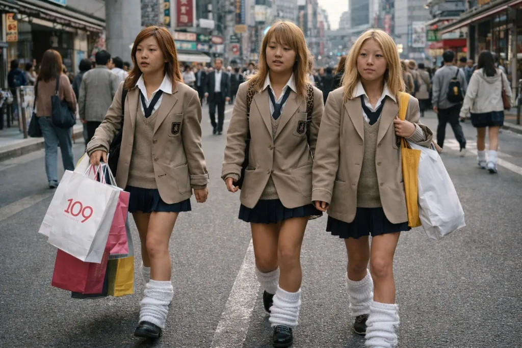 Photojournalisme de rue des années 1990 de jeunes filles kogyaru à Shibuya portant des uniformes scolaires modifiés et des chaussettes amples.