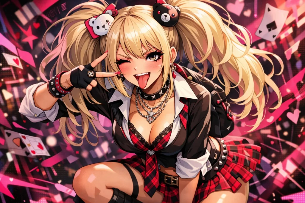 鮮やかなピンクと黒のパレットで、金髪のツインテールとカオスなファッションアクセサリーを身につけた、反抗的な六つ子ギャルのアニメキャラクター。