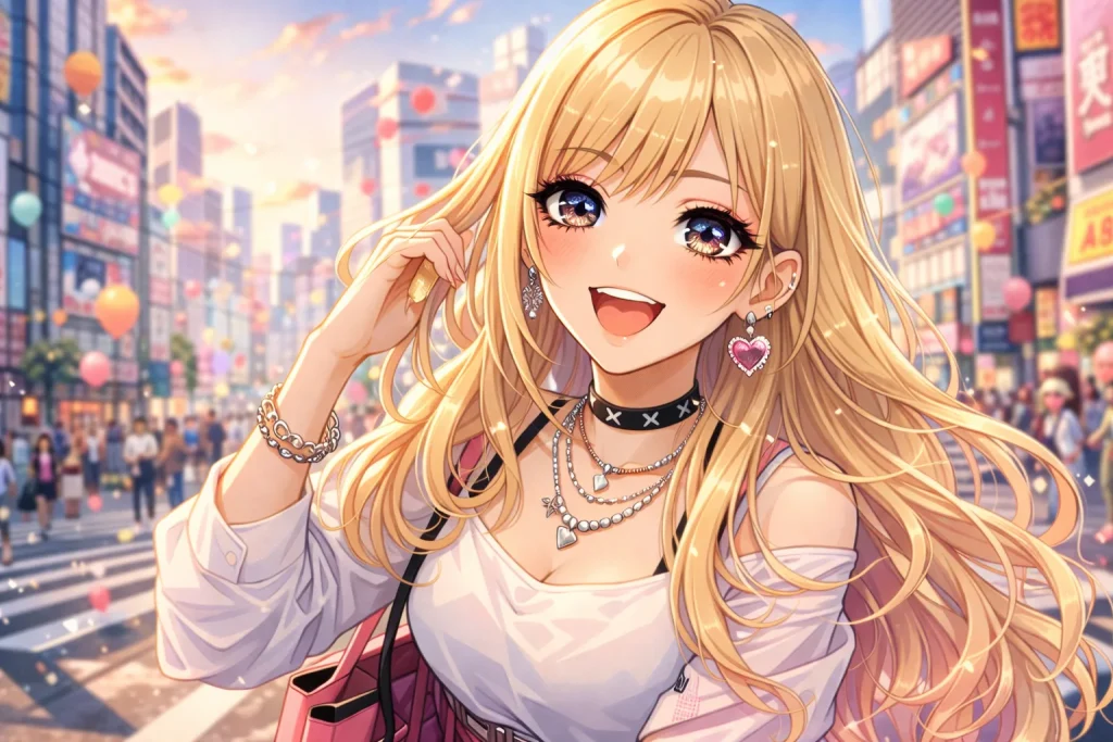 明るい街の中で、ブロンドのロングヘアと流行のストリートファッションのアクセサリーを身につけた、陽気でモダンなギャルアニメの女の子。
