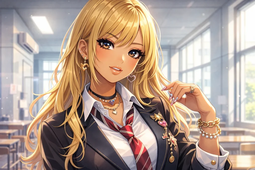 ハニーブロンドの髪に日焼けした肌のギャルキャラクターが、教室でカスタマイズされたスクールブレザーを着ているアニメイラスト。