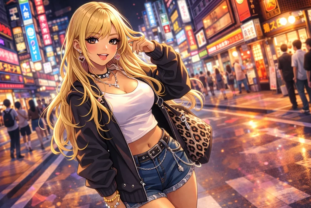 Ilustração em estilo anime de uma personagem feminina gyaru confiante