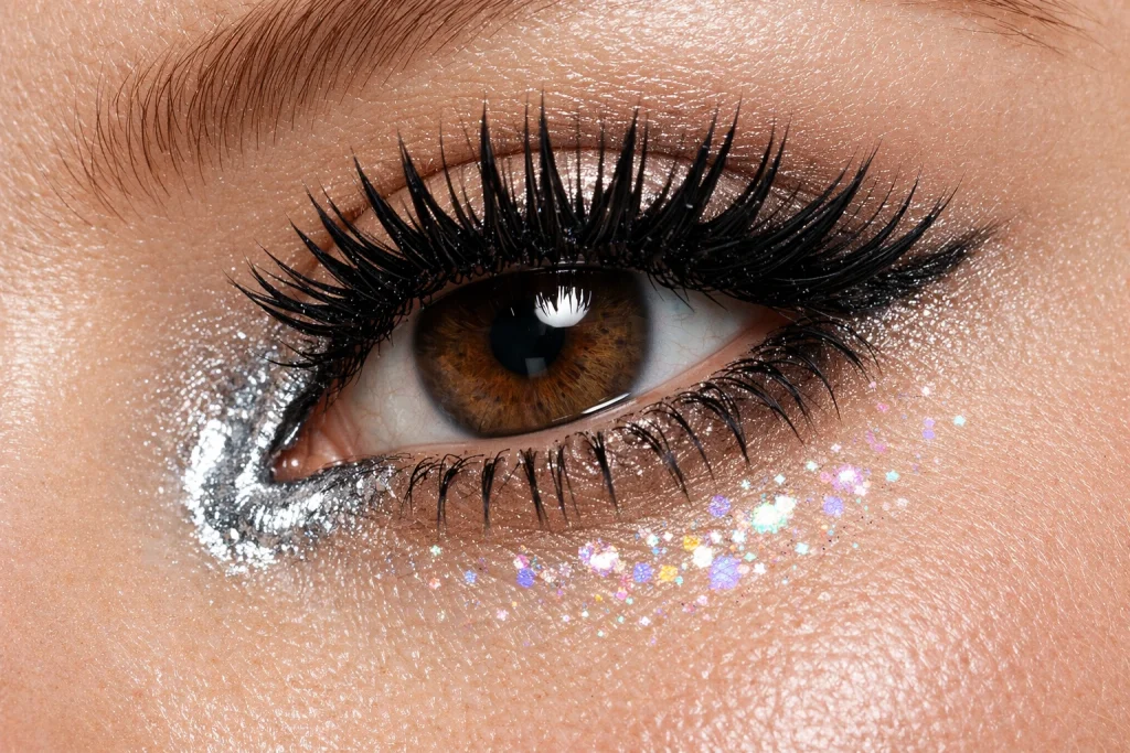 Detalhe da maquiagem dos olhos Neo-Gyaru com cílios pontiagudos de camada dupla e pigmento cromado prateado líquido em uma tomada cinematográfica de 16:9.