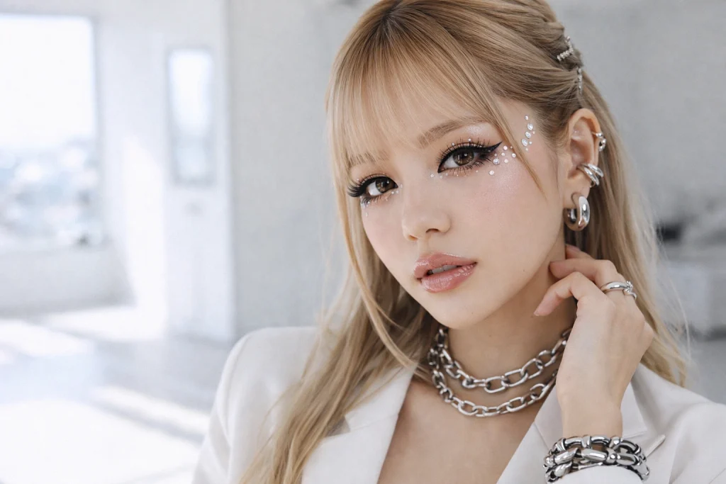 Um retrato profissional de alta moda de uma garota Neo-Gyaru em um estúdio branco brilhante, com maquiagem nos olhos e detalhes em strass, proporção 16:9.