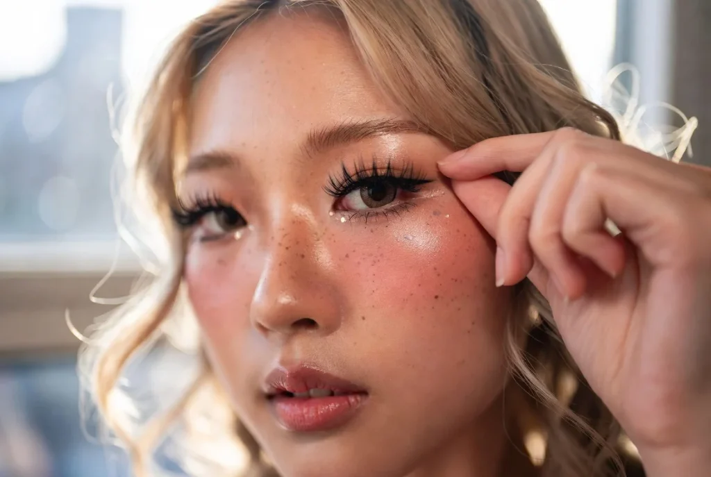 つけまつげを重ねたネオギャル風のメイクアップのクローズアップ、艶やかな肌、高いチーク、自然な窓からの光に照らされた繊細な輝き、リアルな美のポートレート。