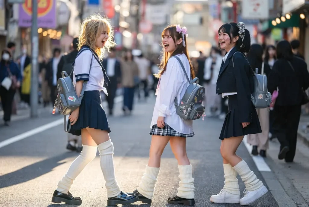 Neo Kogyaru Revival 2026 Três garotas caminhando em Harajuku com meias largas e saias plissadas - autêntica foto de rua na hora dourada