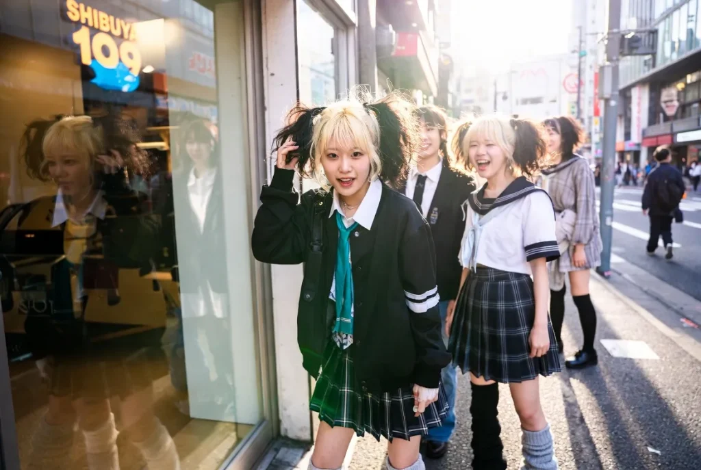 Début des années 2000, filles gyaru devant le Shibuya 109 avec de grandes boucles volumineuses blondes décolorées Sujimori, moment de rue candide, lumière de l'heure dorée