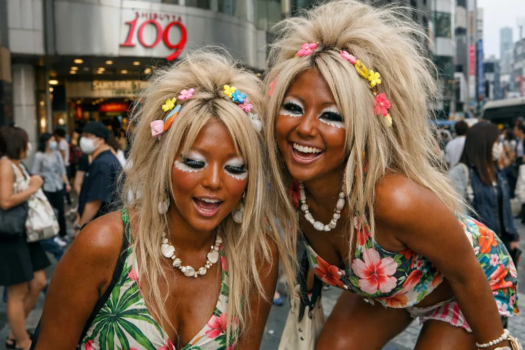 Two yamanba gyaru girls with extreme dark tan, large white face accents and platinum blonde hair standing outside Shibuya 109 in early 2000s, authentic Japanese street photography