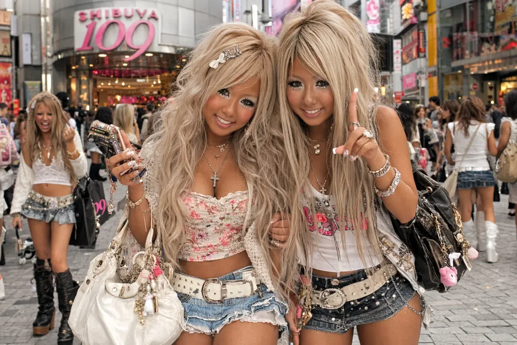 Groupe de filles gyaru de la fin des années 1990 aux cheveux blonds décolorés et légèrement bronzés, portant des bottes à plateforme et des mini-jupes, marchant près de Shibuya 109, authentique photographie de rue japonaise.