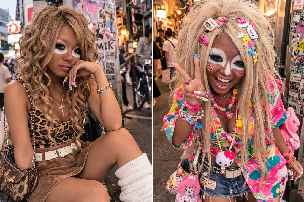 Comparação lado a lado da garota ganguro (esquerda) e da garota yamanba (direita) no início dos anos 2000 em Shibuya, mostrando as diferenças de bronzeado, maquiagem branca e volume de cabelo, foto realista de moda de rua