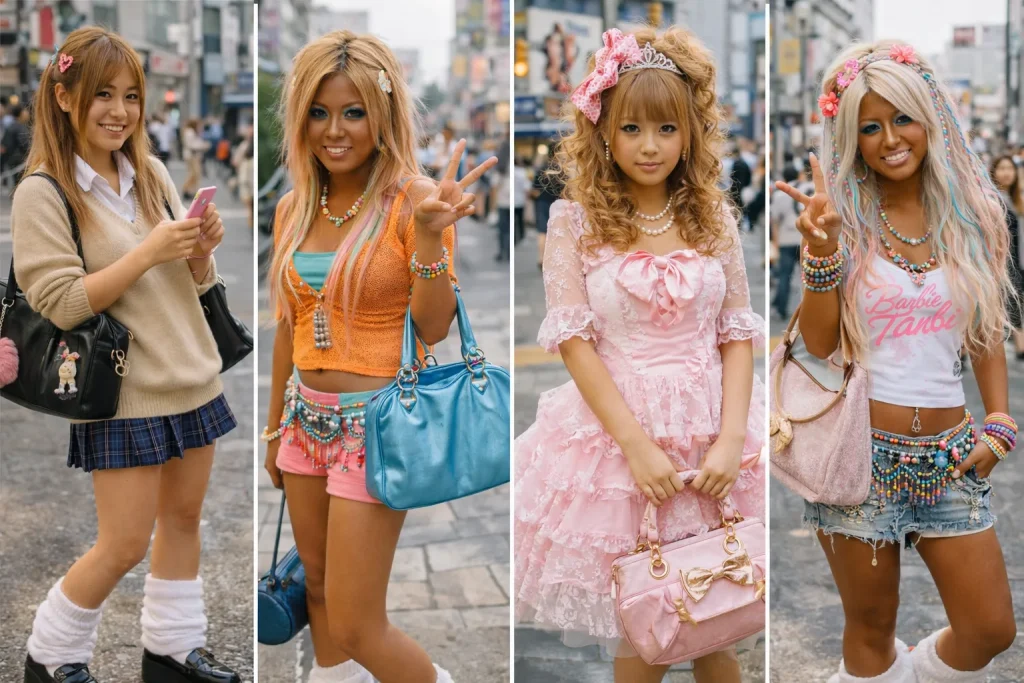 Comparação lado a lado de quatro subestilos diferentes de gyaru na Shibuya do início dos anos 2000: kogyaru, ganguro, hime gyaru e yamanba, foto de rua documental realista
