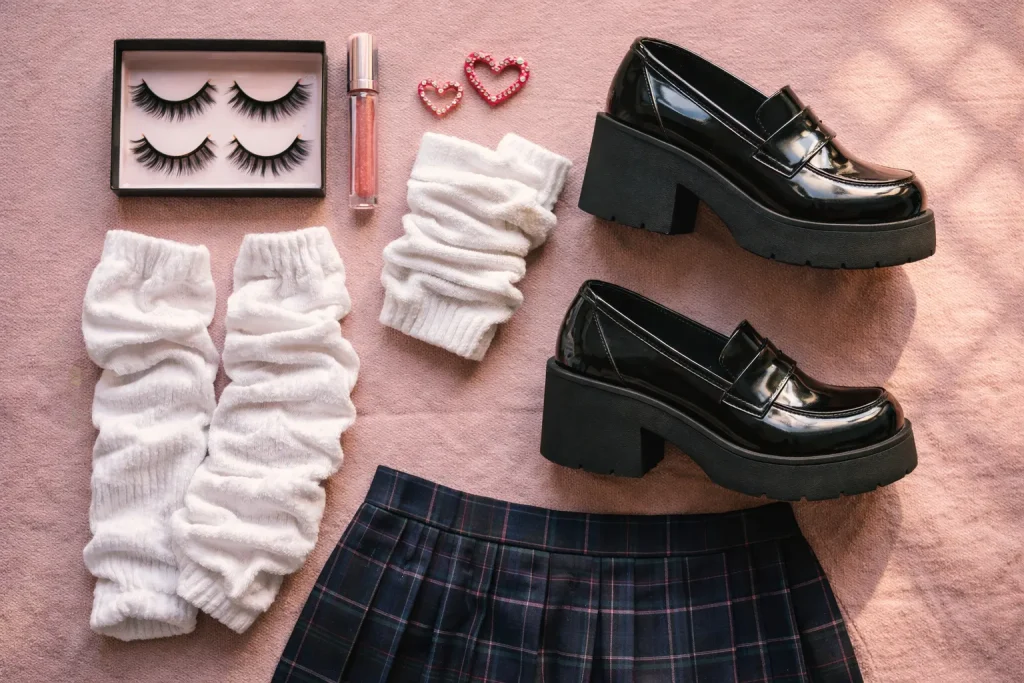 Flat lay of classic Kogyaru starter items including false lashes, glossy lip, hair clips, loose socks and platform loafers on pink surface, realistic product photography