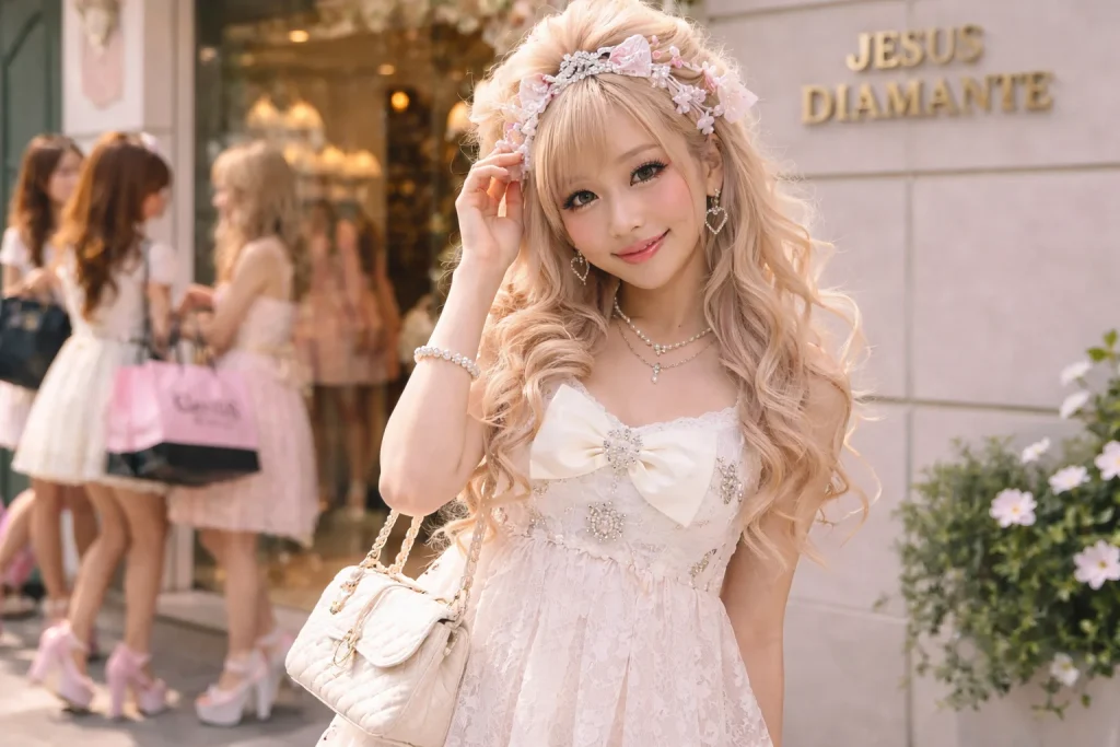 ジーザス・ディアマンテの白いレースのドレスを着た姫ギャル、渋谷のブティックの前で、2006年