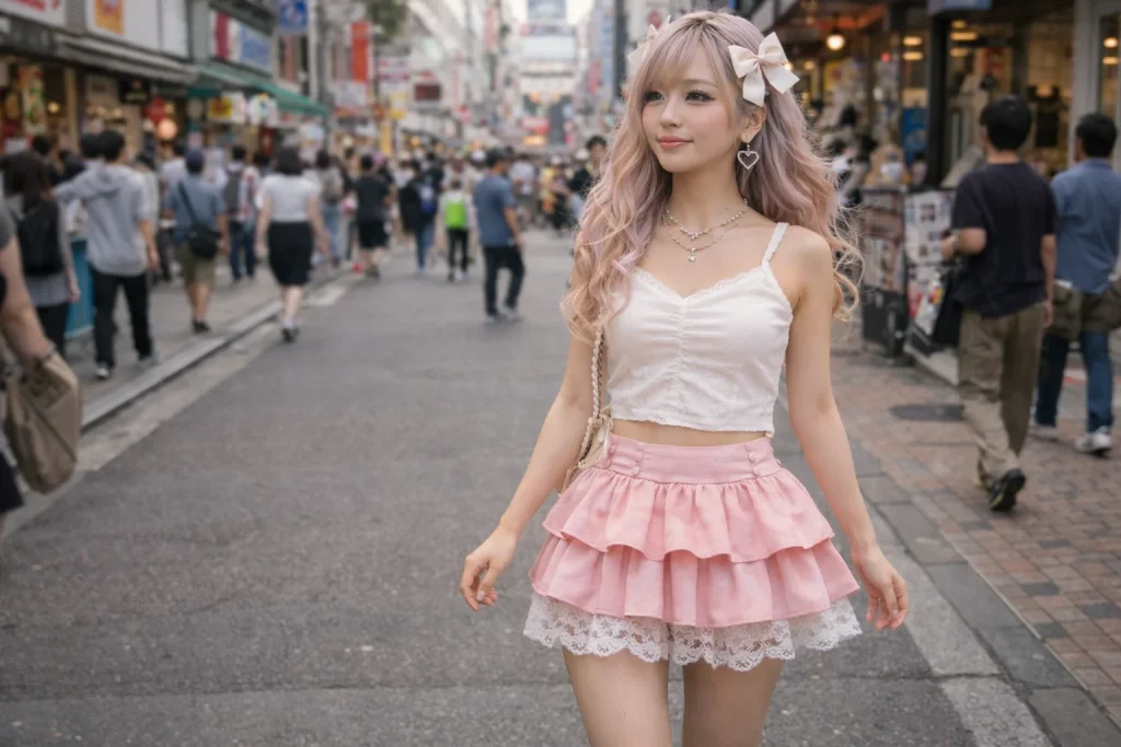 原宿でギャルラボの衣装とパステルヘアーに身を包んだモダンなレイワギャルガール