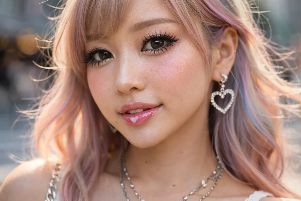 Reiwa Gyaru makeup close-up showing glowing skin, fluttery lower lashes, pink blush, and glossy lips with heart detail