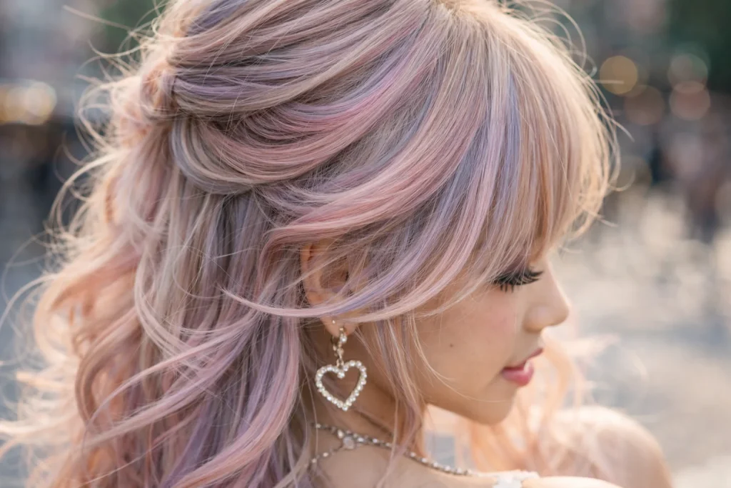 パステルカラーのハイライトとレイヤーカールのヘアスタイルで、原宿のデイライトを彩る。