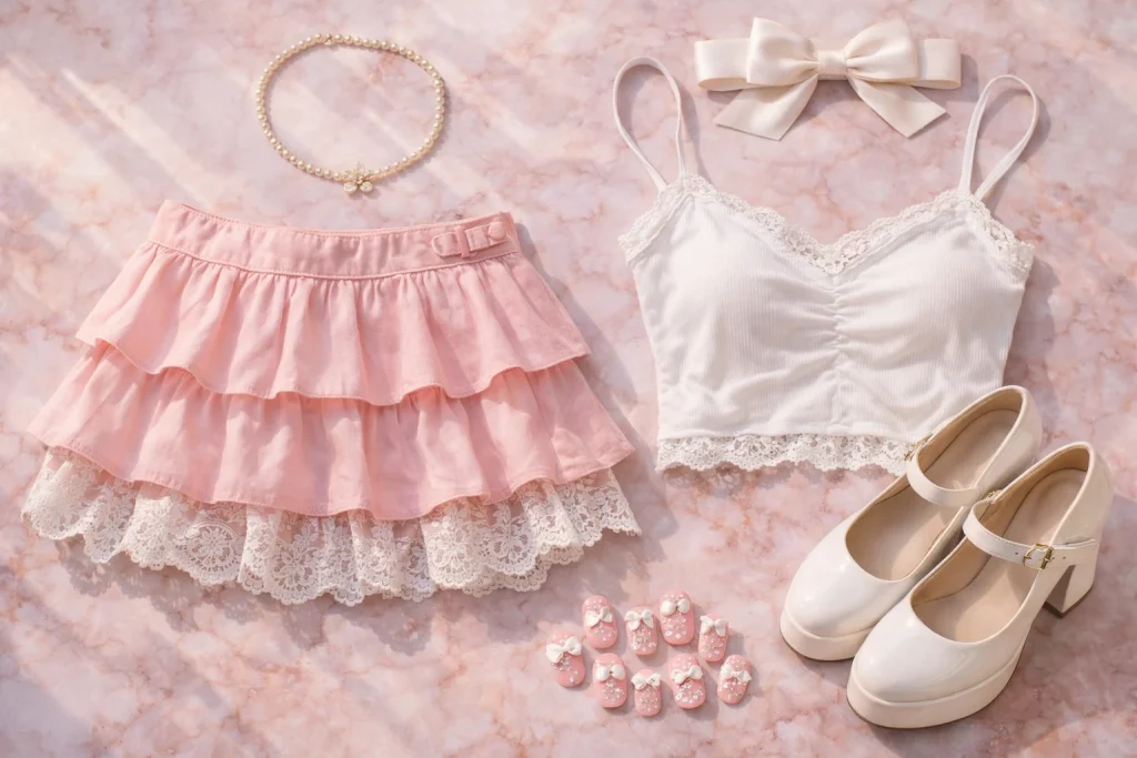 Reiwa Gyaru outfit flat lay featuring pink mini skirt, lace top, platform shoes, pearl accessories, and 3D deco nails