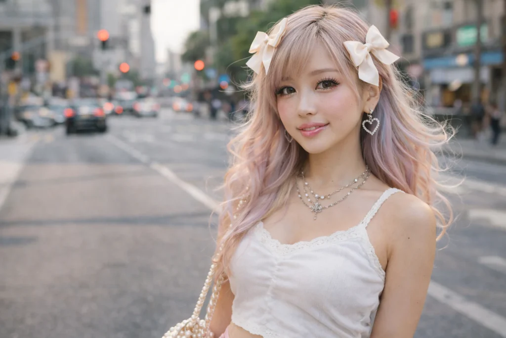 ロサンゼルスのストリート・ファッションに身を包んだ国際的なレイワギャル、パステル・ヘアとCoquetteのリボン