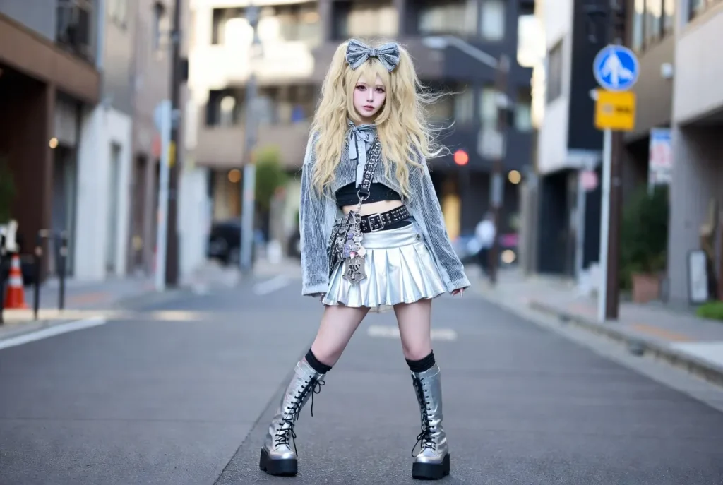 Young woman in full gyaru outfit with metallic mini skirt, platform boots and charm bag on a Tokyo street, realistic daylight fashion photo