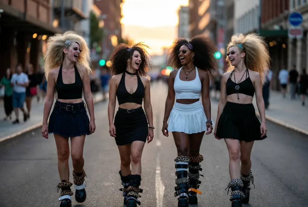 ネオ・ギャルファッションに身を包んだ4人の多彩な女性が夕暮れ時に笑い合う。
