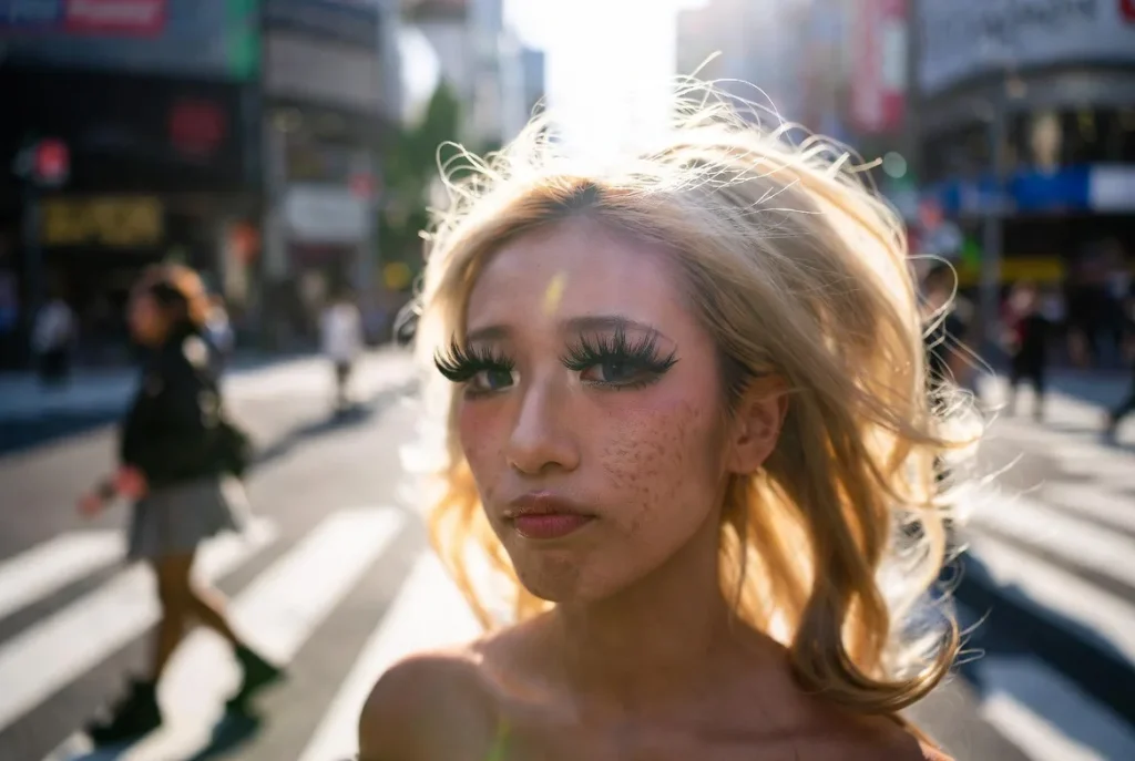 Mulher jovem caminhando confiante por Shibuya na hora dourada com maquiagem gyaru completa, cabelo loiro volumoso, saia curta e botas de plataforma, fotografia realista de moda de rua