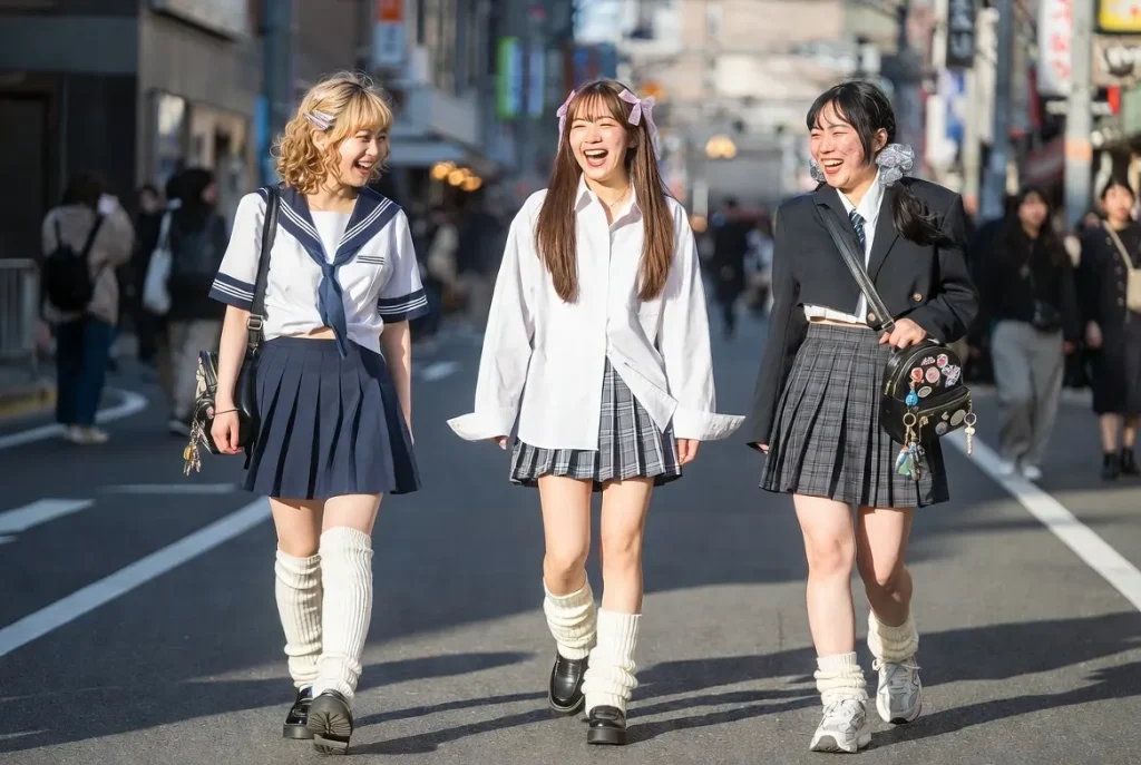 Neo Kogyaru Revival 2026 Três garotas caminhando em Harajuku com meias largas e saias plissadas - autêntica foto de rua na hora dourada