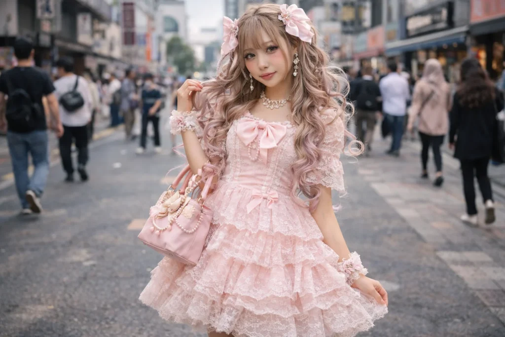 Hime gyaru au début des années 2000 à Shibuya portant une robe en dentelle, des nœuds, des boucles Sujimori et des accessoires en perles.