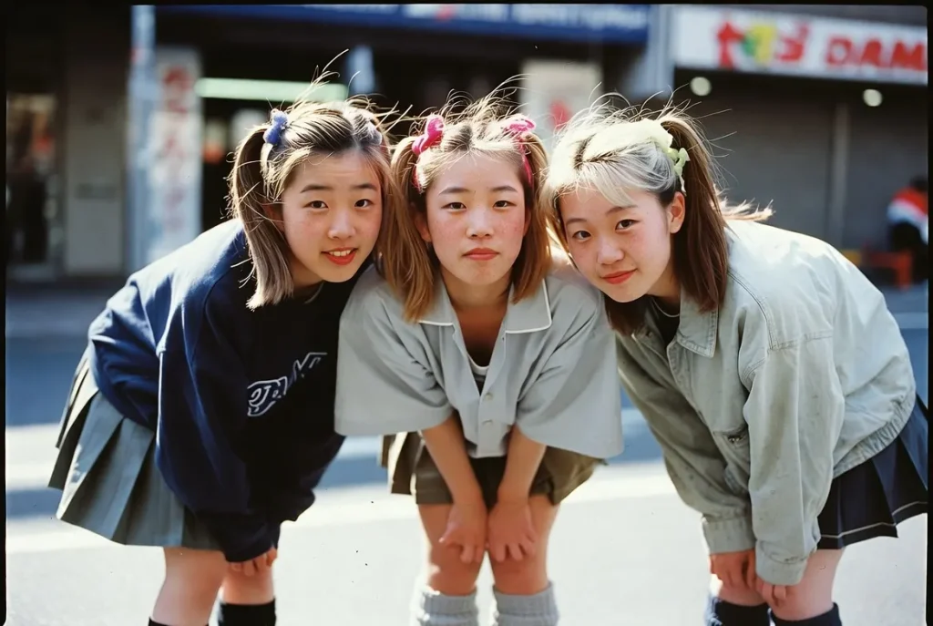 Três garotas Kogyaru em Shibuya, no final dos anos 1990, usando saias curtas, meias largas e sapatos de plataforma, fotografia de rua documental realista