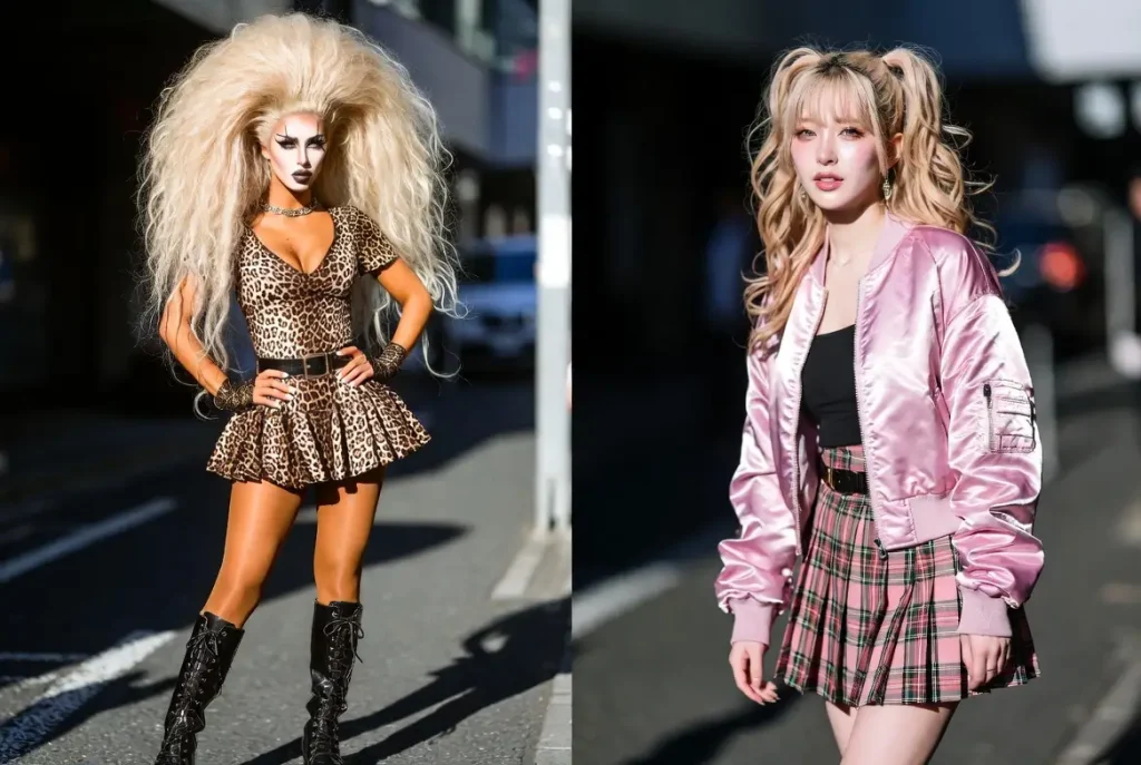 東京の街角で、クラシックな平成ギャル（こんがり日焼け、白目クマ）とモダンなネオ・ギャル（つやつや肌、つやつやメイク）を並べて比較。