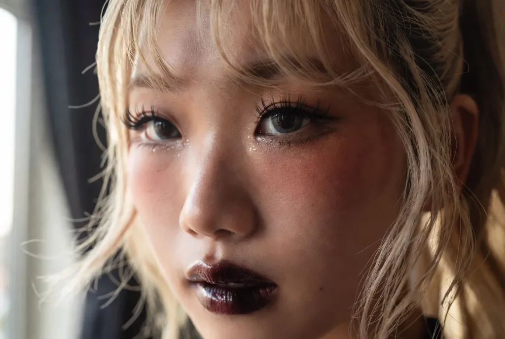 Close-up da aplicação de maquiagem gyaru com cílios postiços em camadas, lábios brilhantes, blush intenso e glitter sutil sob a luz natural de uma janela