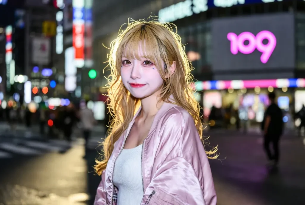 2026年、渋谷109の外でピンクのボンバージャケットを着たレイワ・ネオギャル・シングル・ガール - リアルな夕暮れのストリート・ファッション