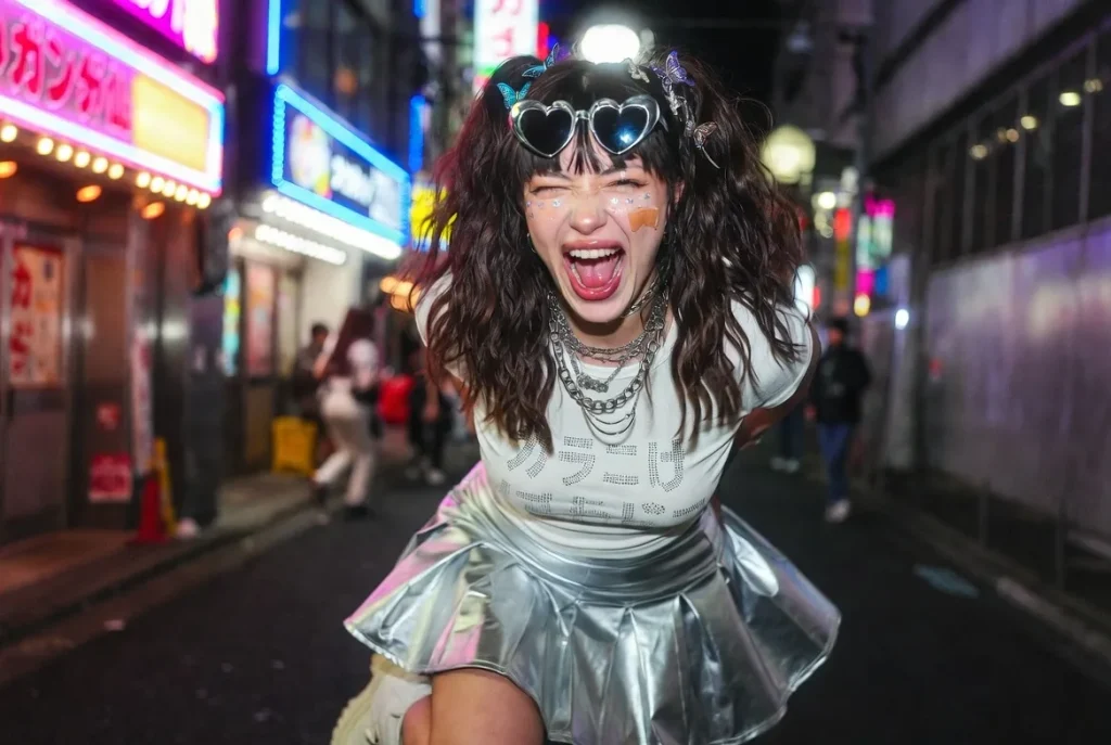 東京のネオンの下、メタリックなミニスカートで踊るY2Kギャル2026。