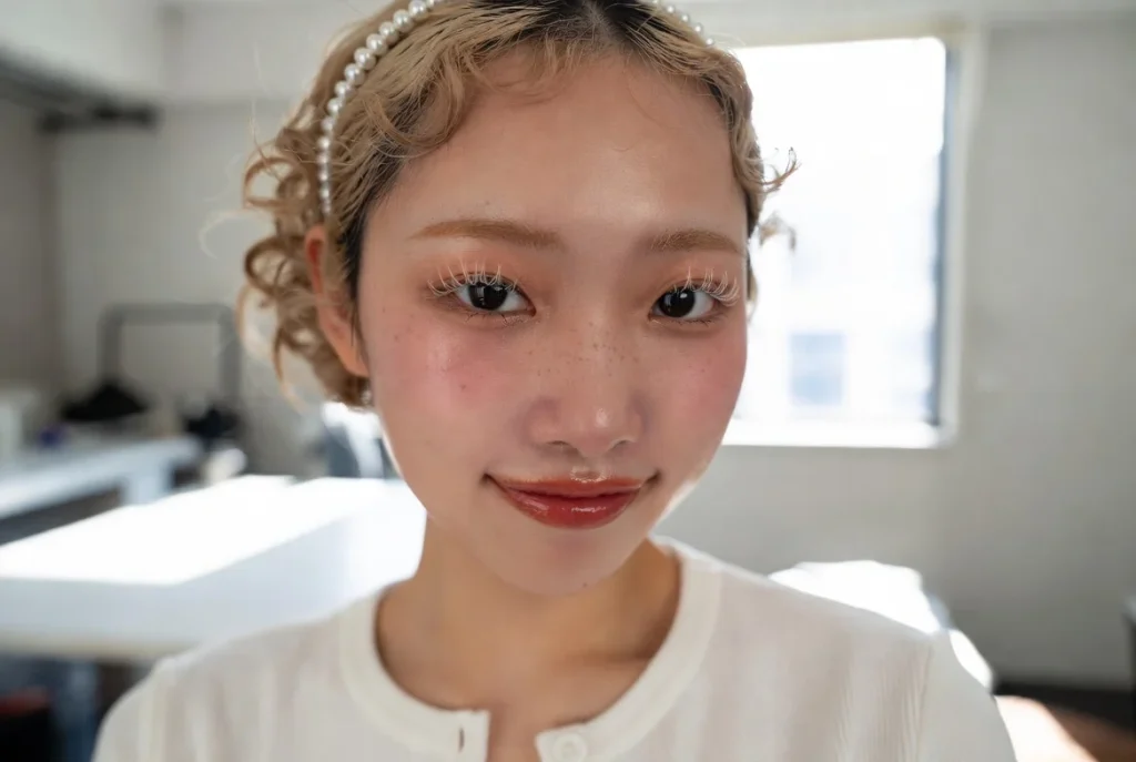 ガラスの肌とほのかなピンクのメイクアップの清楚な清爽ギャル2026のビューティーポートレート - 自然な窓からの光